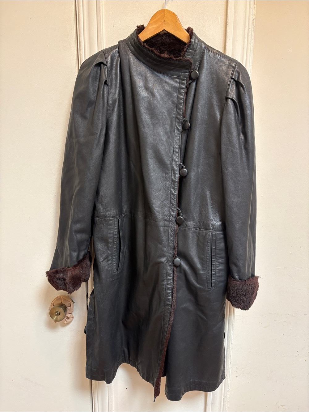Vintage 80s Yves Saint Laurent Fourrures Leather Long Coat Fur Lined Size 38